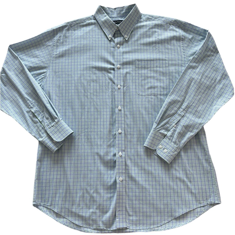 Nautica Blue Green Plaid Long Sleeve‎ Men's Dress Button Down Shirt Size 17